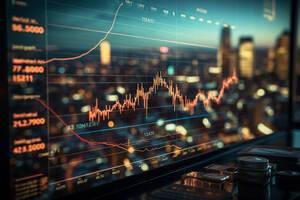 image of the skyline with an overlay of a orange graph