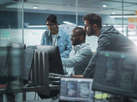 two men lean over another mans shoulders to look at a computer screen